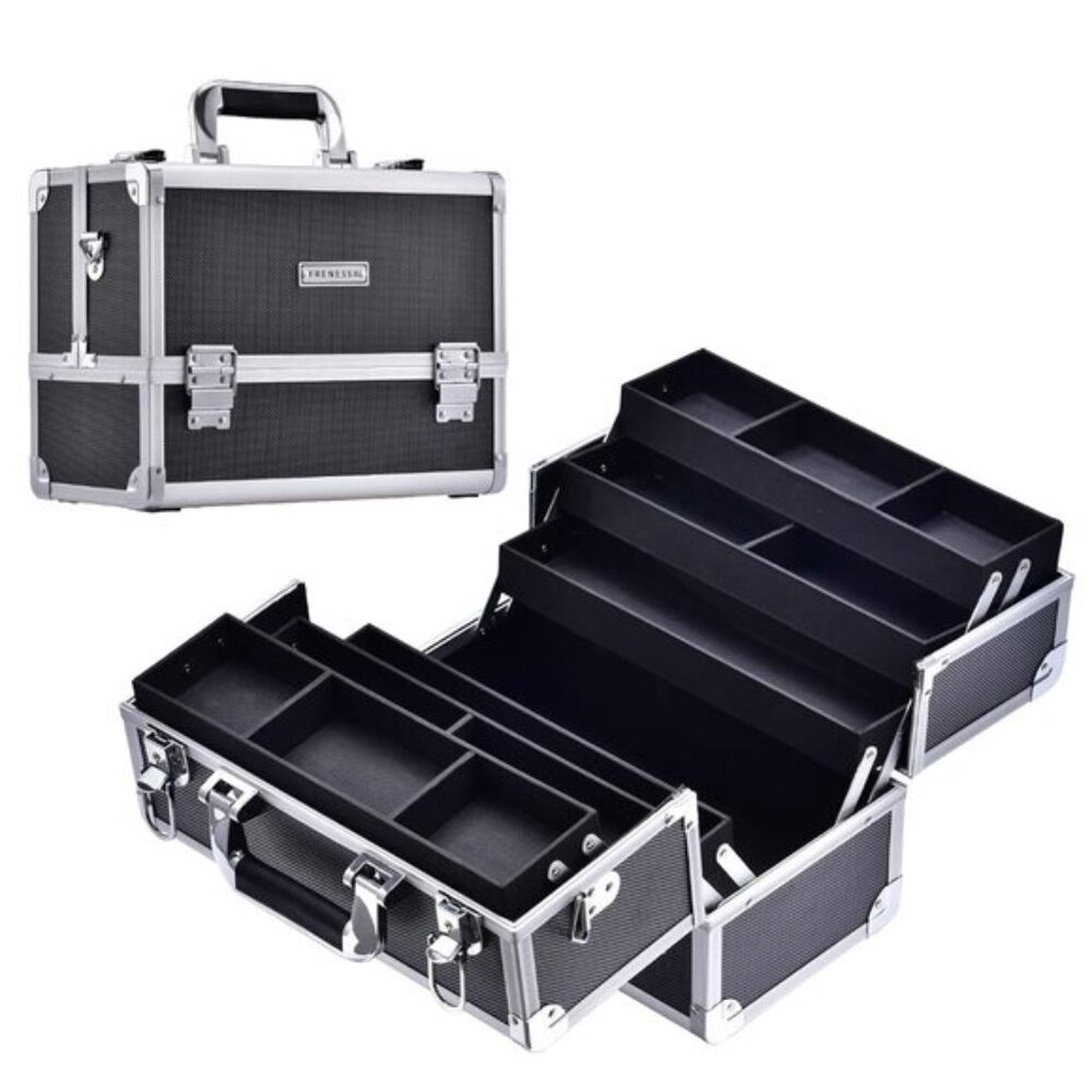 Large Makeup Train Case, 12.6In Cosmetic Organizer with 6 Trays & Lock - Black